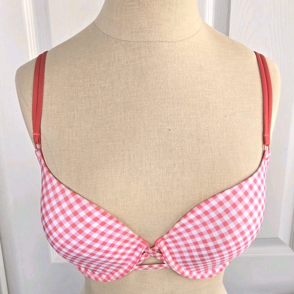Victoria's Secret Gingham Check Plaid Demi Bra Size 34D Coral Pink Wired Padded